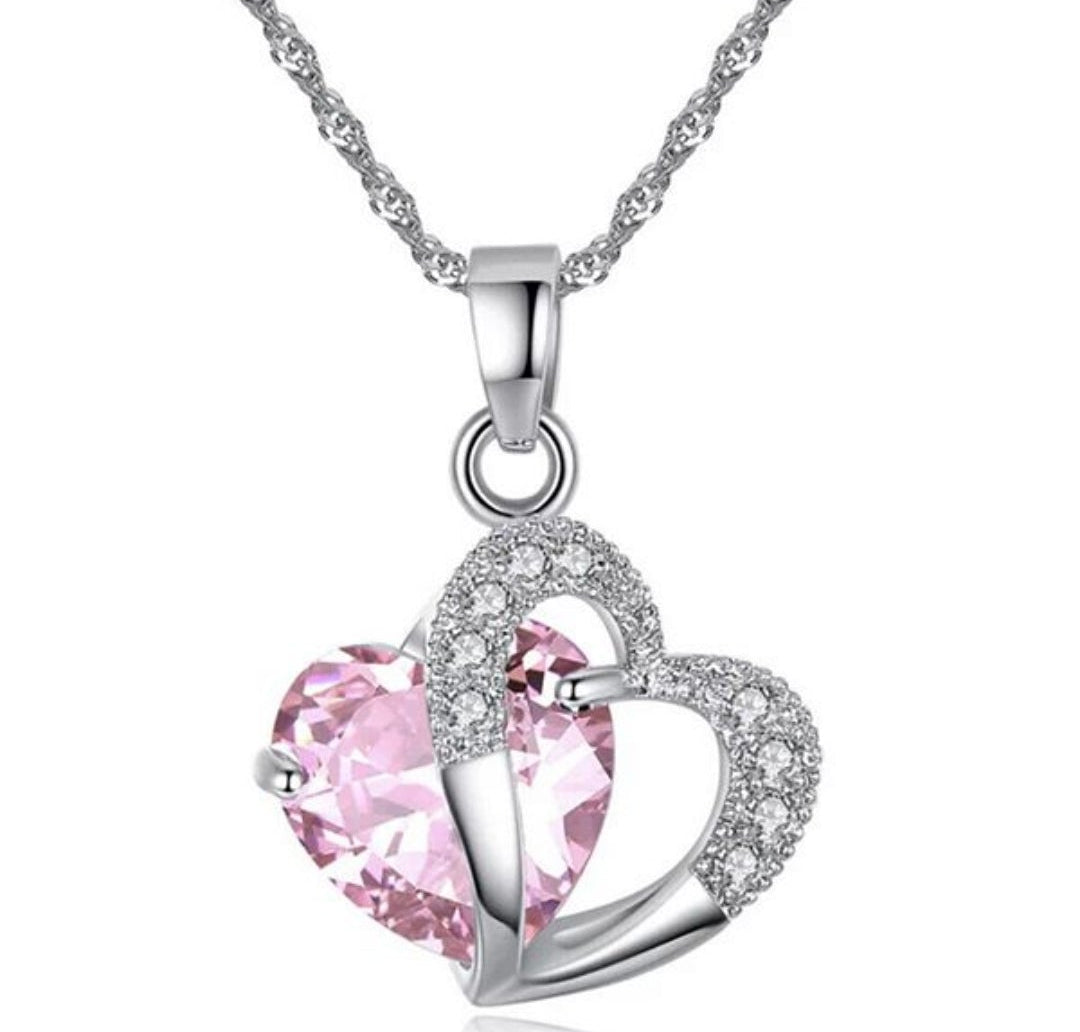 Heart Shaped Crystal Pendant with Silver Plated Necklace - Pink Panther