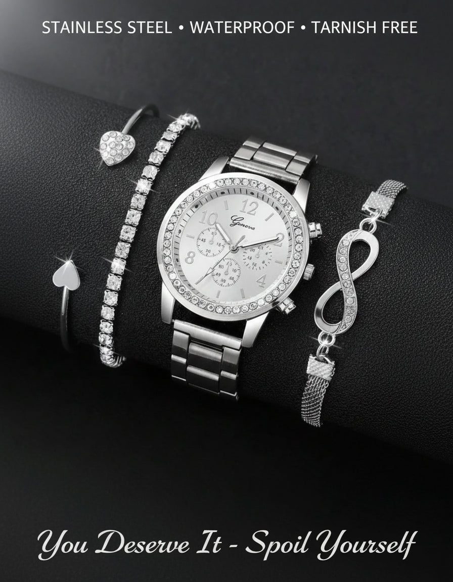 4 Pieces Lady's Silver Stainless Steel Strap Classic Quartz Watch Jewelry Set